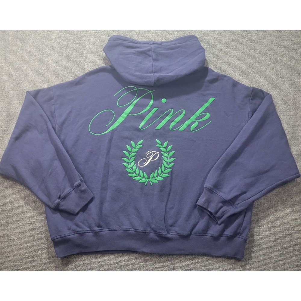 Victorias Secret PINK Full Zip Hoodie Navy Blue Green Crest Logo XL Oversized